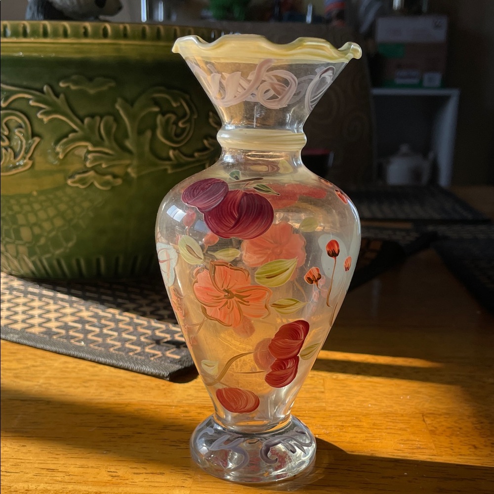 Floral Hand-Painted Small Glass Vase. Flowers and butterflies